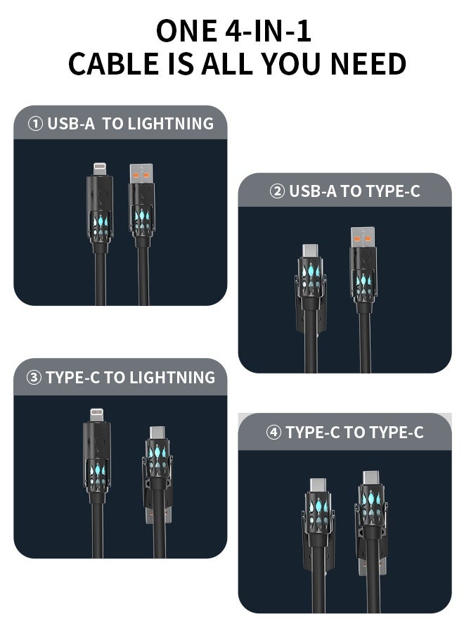 وابيك كابل شحن سريع 4 في 1 من علامة كورية، قوة 60 واط، USB-A و Type-C إلى Type-C / Lightning، سيليكون سائل، نقل بيانات 480Mbps، أسود - Image 4